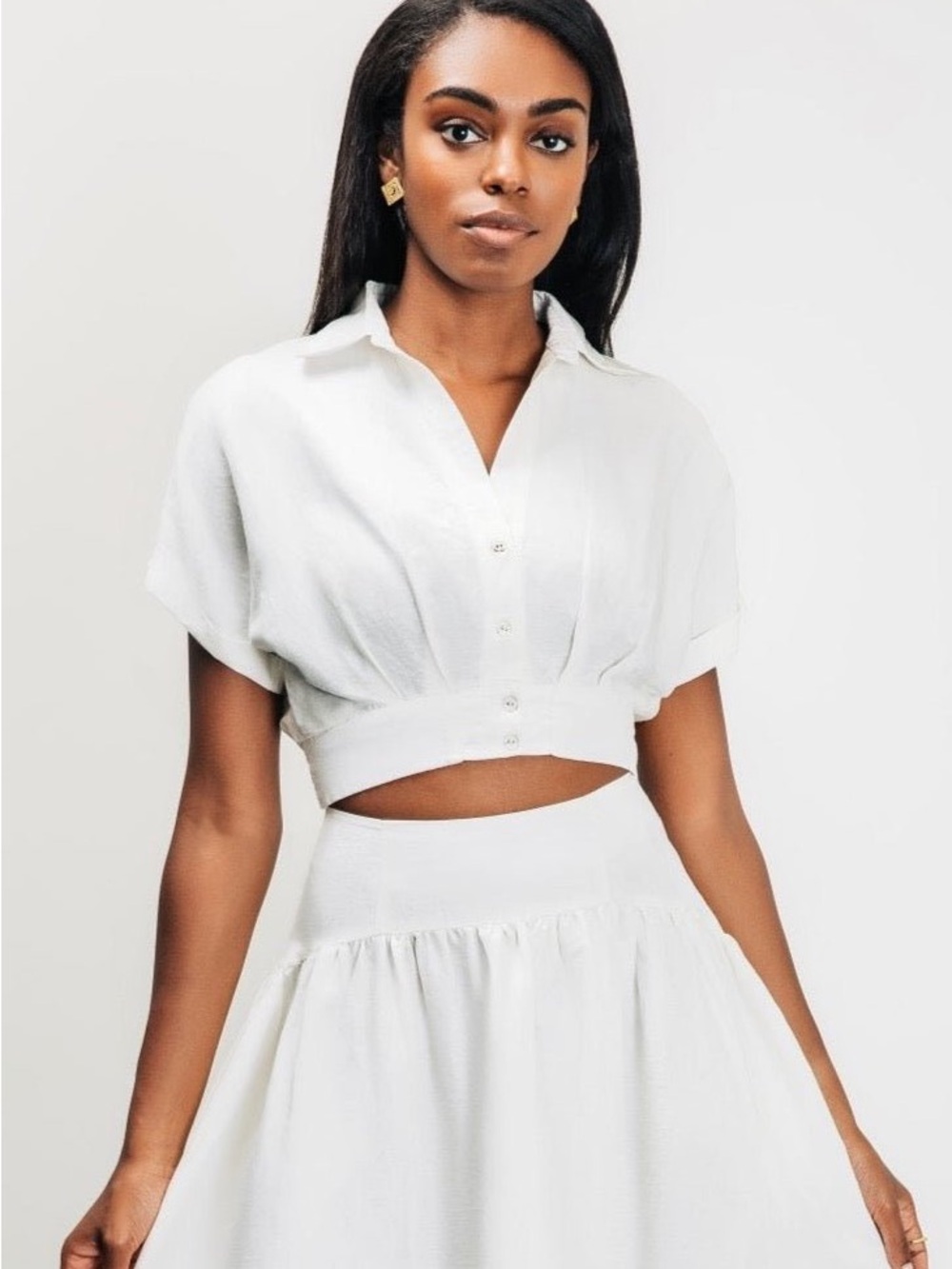 Cropped Button Front White Top